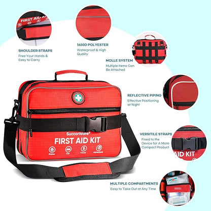 Professional 435 Pieces Large First Aid Kit - Includes Compressed Gauze - Compartments Emergency Medical Kit for Home, Camping, Backpacking, Travel, Boat, Car,Outdoors (Red)