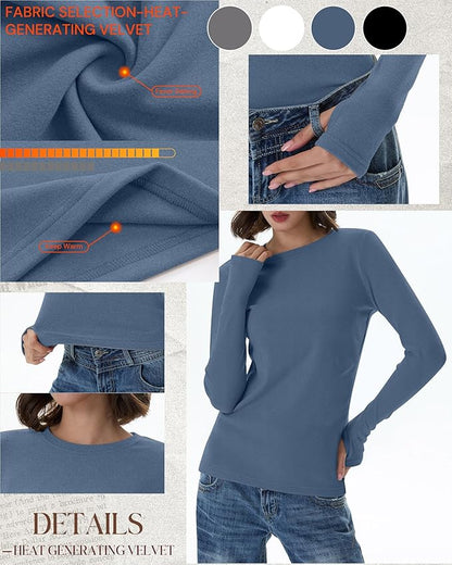 Neer 4 Pack Women's Fleece Thermal Long Sleeve Shirts, Thumb Holes Crew Neck Slim Fit Tops Warm Workout Basic Undershirt