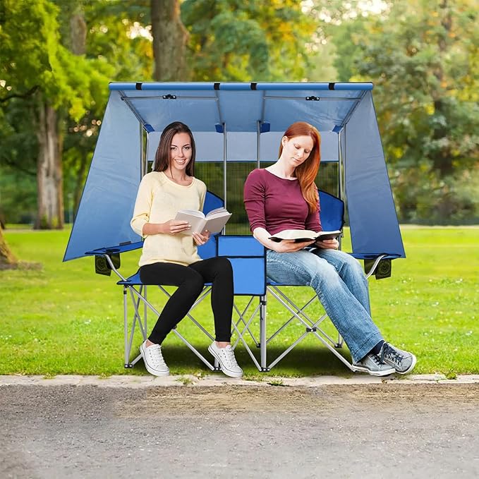 Double Beach Chair with Canopy Shade,Heavy Duty Camping Chair for Aduls,Folding Beach Chair with Cup Holder Cooler Bag for Sports Beach Outside（Blue）