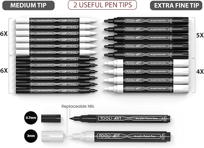 TOOLI-ART Black And White Acrylic Paint Markers Paint Pens Set For Rock Painting, Canvas, Mugs, Metal, Glass Paint, Fabric, Wood, DIY. Non Toxic, Quick Dry,Waterbas (EXTRA FINE & MEDIUM)
