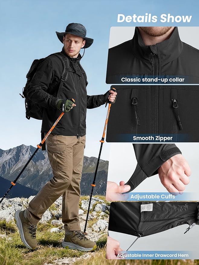 Men's Lightweight Waterproof Jacket,Tactical Rain Zip Up Softshell Jacket Windbreaker Casual for Hiking Travel Golf