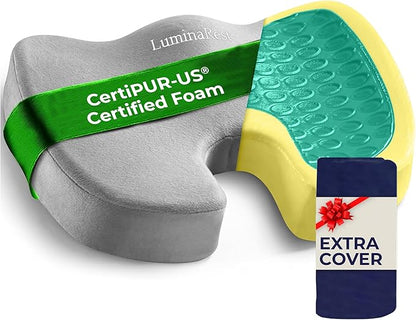 LuminaRest® Gel Seat Cushion for Long Sitting – CertiPUR-US® Certified Memory Foam – Premium Gel Tailbone Pain Relief Cushion, Adaptable for Office, Car, Airplane & Wheelchair – (Gray)
