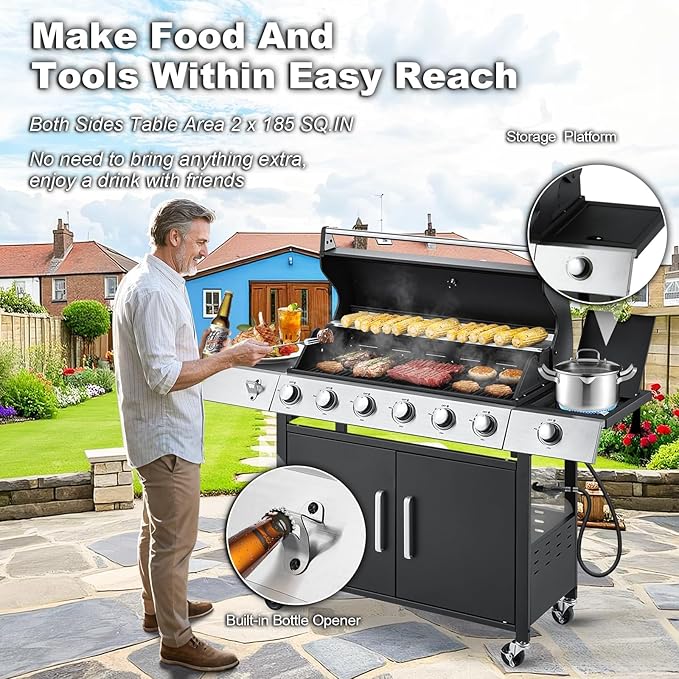 MELLCOM Upgraded 60,000 BTU Stainless Steel Burner Barbecue Grill, 6 Burner BBQ Propane Gas Grill with Side Stove & Cast Iron Grates for Patio, Camping, Outdoor Cooking