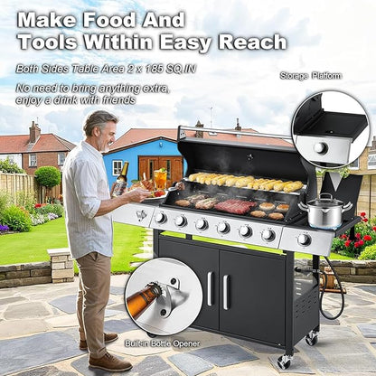 MELLCOM Upgraded 60,000 BTU Stainless Steel Burner Barbecue Grill, 6 Burner BBQ Propane Gas Grill with Side Stove & Cast Iron Grates for Patio, Camping, Outdoor Cooking