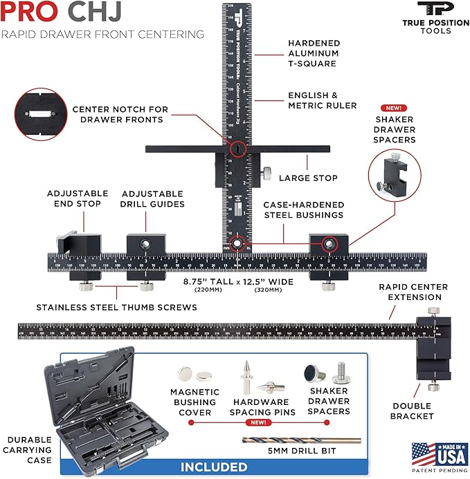 True Position Tools PRO Cabinet Hardware Jig - Install Drawer Front Handles and Knobs Faster - Made in USA - Hand Calibrated