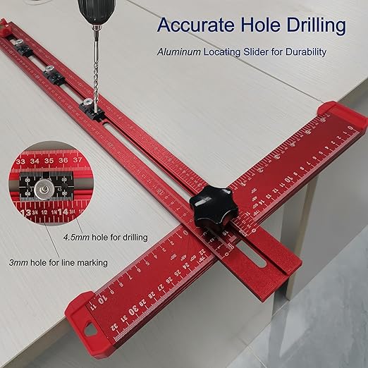 5-in-1 T Square Ruler 24 Inch, Multifunctional Drilling Positioning Ruler for Precision Hole Punching, Cabinet Hardware Jig, Adjustable Angle Ruler for Angle Measurement, Metric & Imperial
