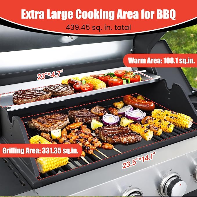 HYCHIKA 4-Burner Propane Grill with Sear & Side Burner, 46790 BTU Gas Grill with Griddle Pan & Enameled Cast Iron Grates, BBQ Grill with 439 Sq. In. Grilling Area for Outdoor, Patio, Backyard Babecue