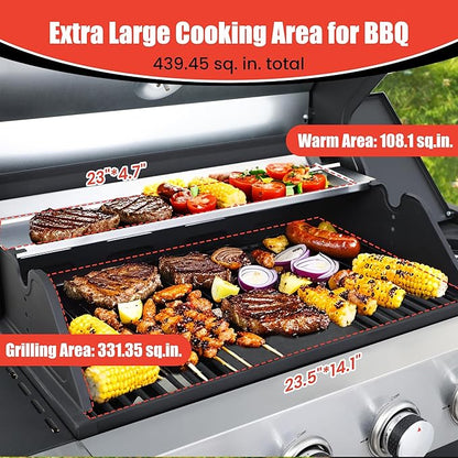 HYCHIKA 4-Burner Propane Grill with Sear & Side Burner, 46790 BTU Gas Grill with Griddle Pan & Enameled Cast Iron Grates, BBQ Grill with 439 Sq. In. Grilling Area for Outdoor, Patio, Backyard Babecue
