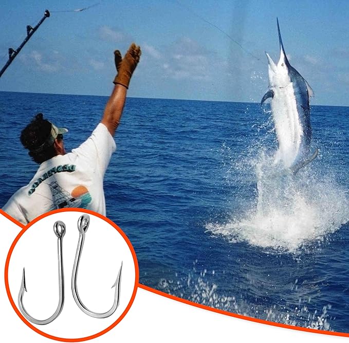 Fishing Hooks Saltwater Tuna Hooks, 15pcs Stainless Steel Big Game Hooks Forged Ringed Extra Strong Saltwater Fishing Tackle for Salmon Tuna Fishing