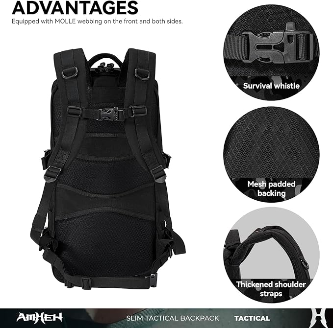 Tactical Backpack Military Slim Army Bag Molle Daypack 20L Outdoors Hiking Camping Travel EDC Pack with Multiple Pockets Waterproof for Men (Black)