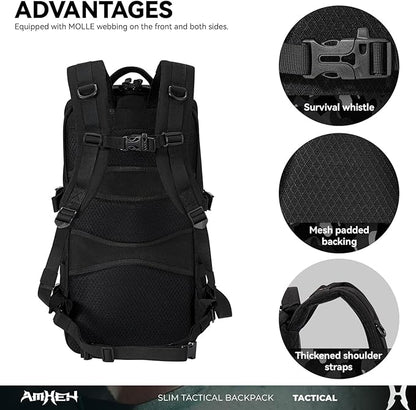 Tactical Backpack Military Slim Army Bag Molle Daypack 20L Outdoors Hiking Camping Travel EDC Pack with Multiple Pockets Waterproof for Men (Black)