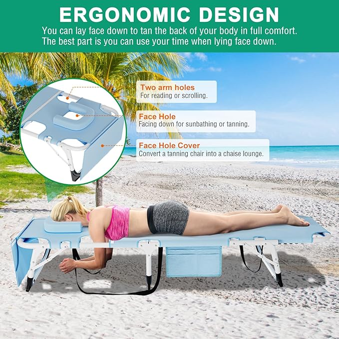 LILYPELLE Folding Chaise Lounge Chair with Mattress, 5 Position Beach Chair with Face Hole, Patio Chaise Lounge Chairs for Outside, Sunbathing, Camping, Pool, Beach, Poolside
