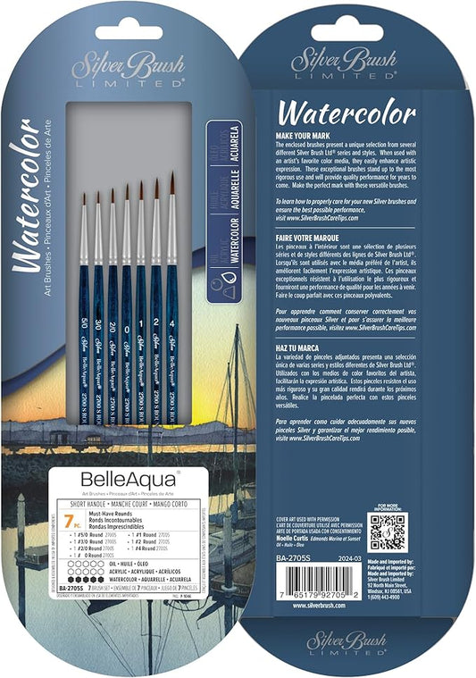 Silver Brush Limited BA-2705S BelleAqua Must-Have Rounds 7pc Round Watercolor Brush Set, Professional Soft Synthetic Red Sable Small Detail Round Paint Brush Set, Sizes 5/0, 3/0, 2/0, 0, 1, 2, and 4
