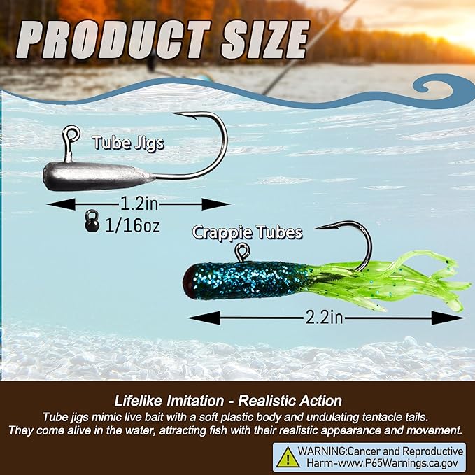 Crappie Lures Tube Lures Jigs Heads Worms Swimbaits Kit, 165, 124, 50 Pcs Pre-Rigged Crappie Jigs Tube Hooks Soft Plastic Grub Worms Baits for Bass Trout Freshwater Saltwater Fishing