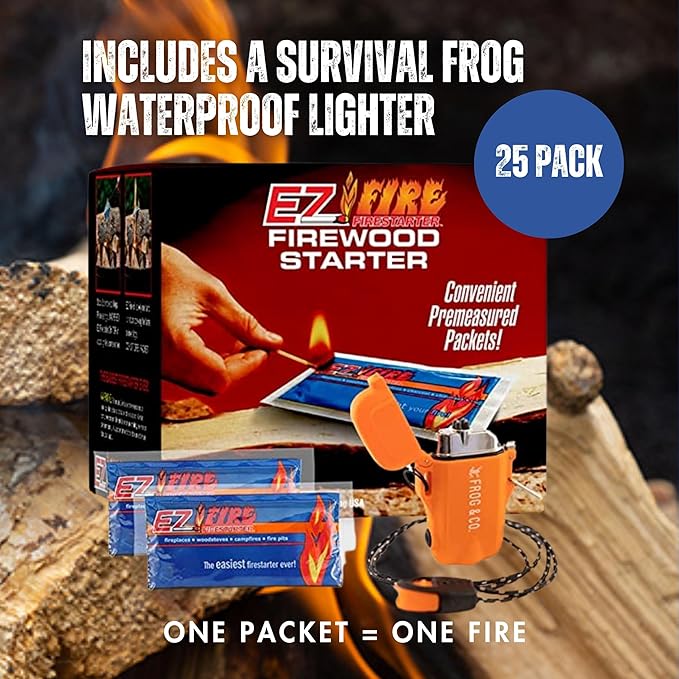 – 25 Pack All-Natural Fire Starters for Campfires, Fire Pits, BBQs & Fireplaces – Long Burning, Weather-Resistant, Non-Toxic + Survival Frog Rechargeable Lighter Kit