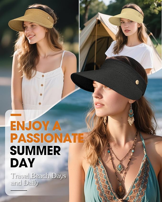 Sun Visor Hat for Women,Wide Brim Beach Hat UV Protection, Packable Straw Sun Visor Hat for Vacation,Summer