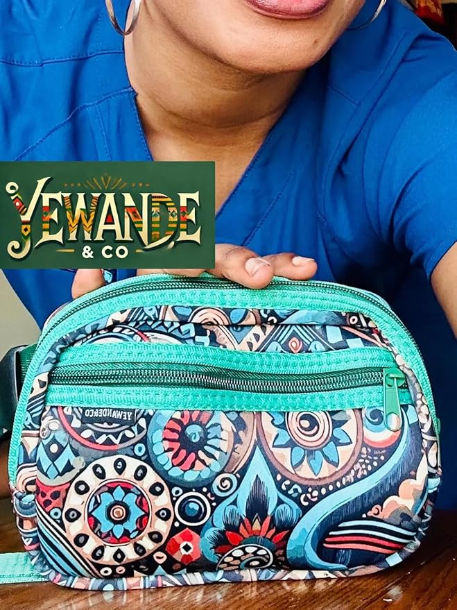 Yewande&co Neoprene Fanny Pack Belt Bag – Lightweight Waterproof Waist Bag with Adjustable Strap, 3 Zippered Pockets, Crossbody Belt Bag for Travel, African Design Crossbody Bags (Campfire)