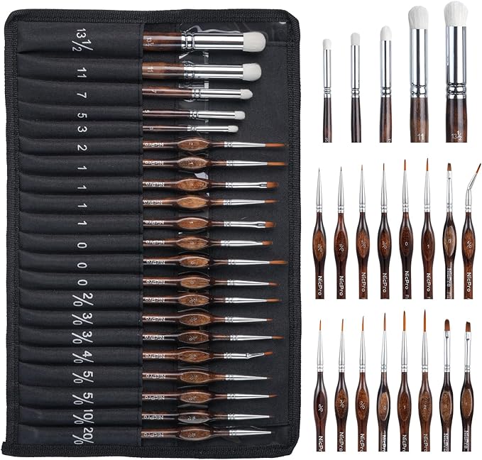 Nicpro Miniature Paint Brushes Dry Brush - 21PCS Model Paint Brush Set with Cloth Roll for Acrylic Oil Watercolor, Detail Paint Brush Drybrush for Model, Miniature Painting, Paint by Numbers, Craft