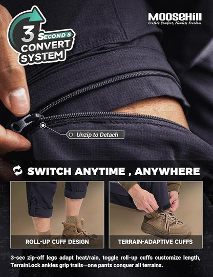 Moosehill Men's-Hiking-Pants Convertible Quick-Dry Water-Resistant Lightweight Zip-Off Outdoor with 5 Deep Pockets