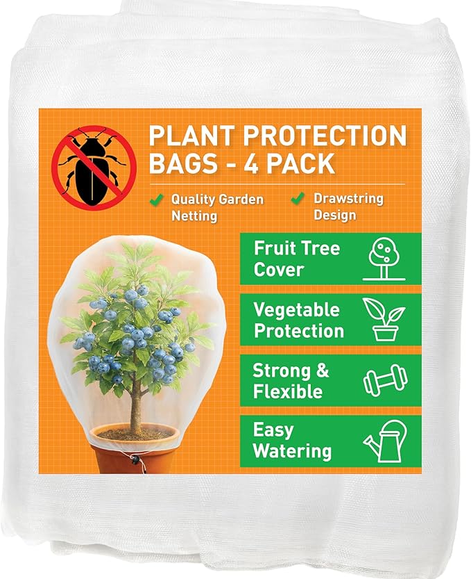 Fruit Tree Protection Bags 4.5x6 FT in 4 Pack | Multiple Size Garden Netting for Fruit & Vegetable Protection | White Plant Net Cover for Blueberry & Tomato | Bird & Insect Mesh Fabric Protector