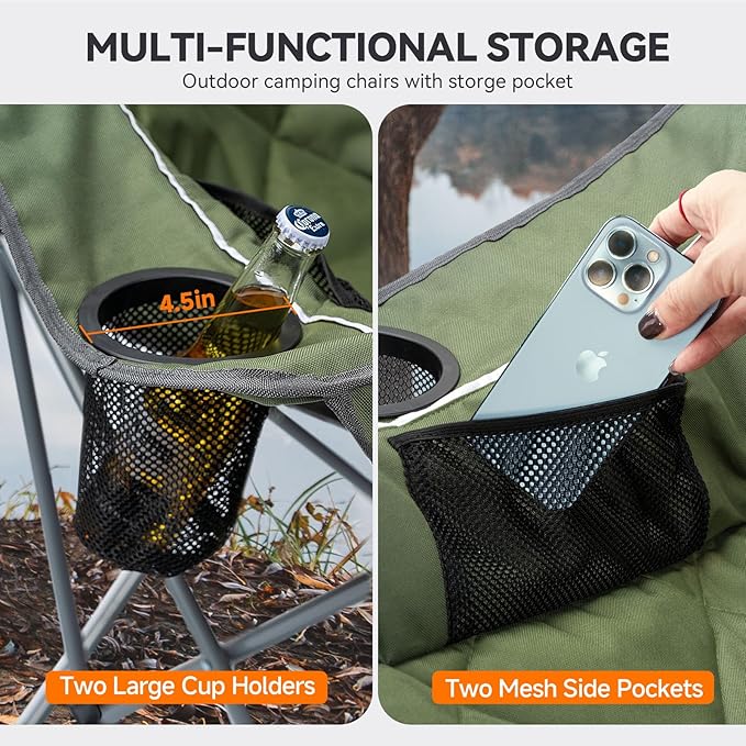 Oversized Camping Chair for Adults – Heavy Duty Folding Chair with Cup Holders, Storage Pocket & Carry Bag – Outdoor Padded Camp Chair for Camping, Backyard, Fishing & Sports – Supports 400lbs