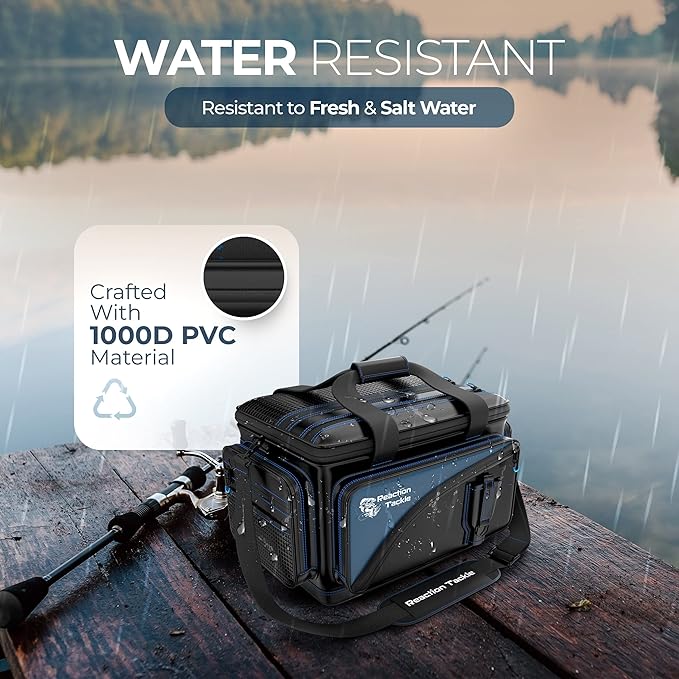 Reaction Tackle Fishing Tackle Bag – Salt Water Resistant Fishing Bag, 1000D PVC Waterproof Material, Tackle Box Organizer with Dividers for 3600 or 3700 Trays (Small, Medium, Backpack only fit 3600)