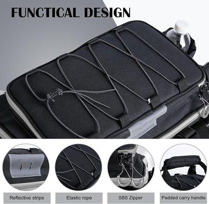 Goture Fishing Tackle Bag, Store Up to 4PCS 3700 Plus 2PCS 3600 Tackle Trays(Not Included), 600D Soft Side Gear Fishing Bag with Rod Straps,Detachable Water Bottle Pouch,Waterproof Bottom,SBS Zippers