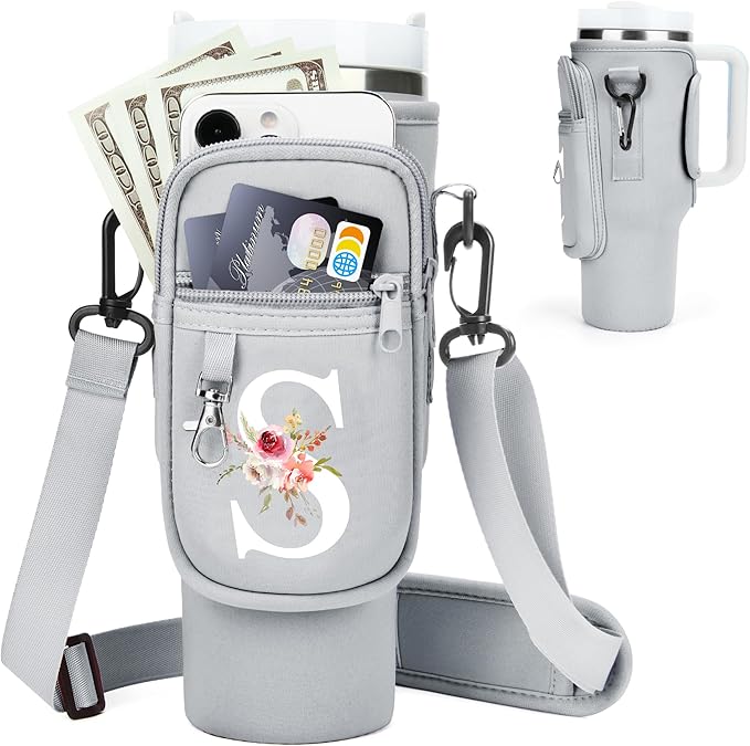 Initial Water Bottle Holder with Strap for Stanley 40 oz Tumbler/Simple Modern 40 oz Tumbler,Water Bottle Carrier Bag with Strap,Personalized A-Z Phone Pocket for Stanley Cup Accessories