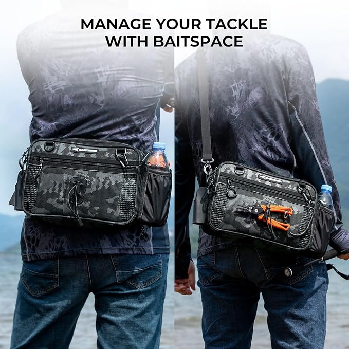KastKing BaitSpace Waist Bag – Waterproof Tackle Storage Bag With Adjustable Belt, Fishing Fanny Pack for Men, Soft Bait Organizer, 3600 Utility Box, Rod Holder, Nylon