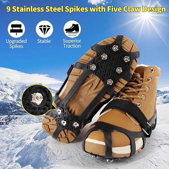 Ice Cleats Snow Grips, Non-Slip Traction with 9 Spikes Crampons, Upgraded Version Stainless Steel, for Shoes/Boots, Snow Ice Walking