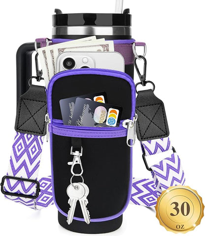 Water Bottle Carrier Bag with Strap for Stanley 40/30 oz Tumbler with Handle, Water Bottle Holder Pouch with Phone Pocket for Stanley Cup Accessories, fit Walking Hiking Travel