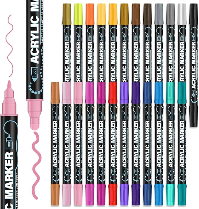 Acrylic Paint Markers, 24 Colors Dual Tip Acrylic Paint Pens for Rock Painting, Fabric, Wood, Canvas, Stone, Glass, Scrapbook, DIY Crafts & Art Supplies - Stocking Stuffers & Christmas Gifts.