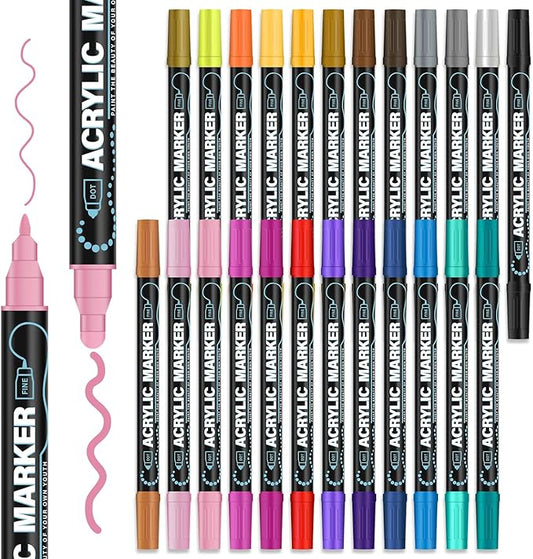 Acrylic Paint Markers, 24 Colors Dual Tip Acrylic Paint Pens for Rock Painting, Fabric, Wood, Canvas, Stone, Glass, Scrapbook, DIY Crafts & Art Supplies - Stocking Stuffers & Christmas Gifts.