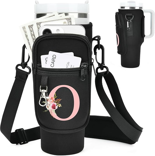 Initial Water Bottle Holder with Strap for Stanley 40 oz Tumbler/Simple Modern 40 oz Tumbler,Water Bottle Carrier Bag with Strap,Personalized A-Z Phone Pocket for Stanley Cup Accessories