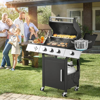 MELLCOM Upgraded 36,000 BTU Stainless Steel Burner Propane Grill, 3 Burner BBQ Barbecue Gas Grill with Cast Iron Grates & Side Stove for Patio, Camping, Outdoor Cooking