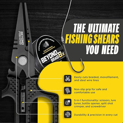 Beyond Fishing 6.5" Pro Fishing Shears Dual Serrated Blades, Fishing Braided Line Scissors with Titanium Coating, Non-Slip Grip & Multifunction Tool, Includes Hard Molded Locking Sheath