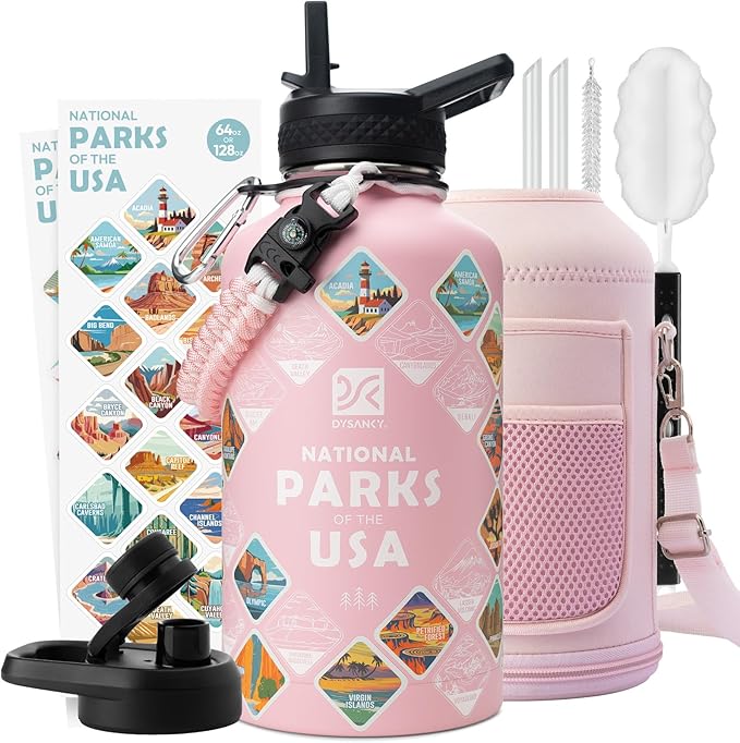 Insulated Water Bottle | Thickened Stainless Steel Vacuum Metal | Portable Sports Half Gallon Large Water Jug for Gym and Hiking with Straw, Carrier Bag, Handle Strap | BPA-Free 64 oz