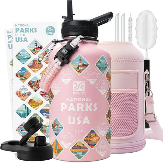 Insulated Water Bottle | Thickened Stainless Steel Vacuum Metal | Portable Sports Half Gallon Large Water Jug for Gym and Hiking with Straw, Carrier Bag, Handle Strap | BPA-Free 64 oz