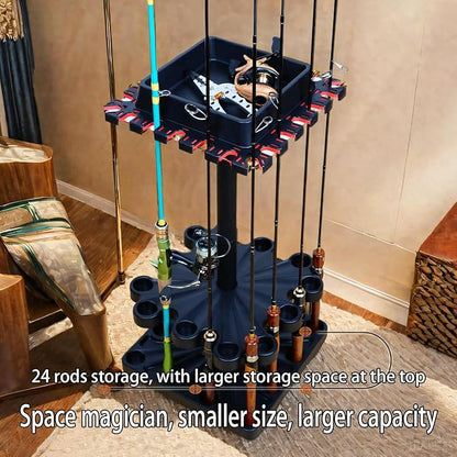Freestanding Rotating Fishing Rod Rack, Home Display Organizer, Tool-Free Assembly, Holds up to 24 Rods, with Rolling Wheels (Holds up to 24 Rods Without Rolling Wheels)