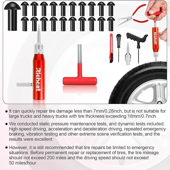 Richcat Tubeless Tire Puncture Repair Kit with Mushroom Plug, Repairs punctures and Flat Tires for Motorcycles, Cars, Trucks, ATVs and Tractors