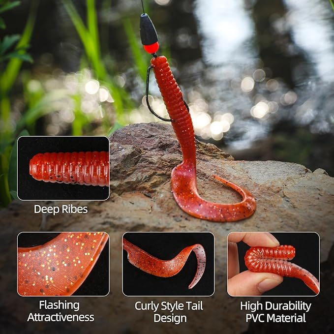 Curly Style Tail Worms Fishing Lures – Realistic Wavy Tail Soft Bait Grub Swimbaits for Saltwater & Freshwater Fishing, Available in 4 Inch & 6 Inch, Perfect for Bass, Trout, Crappie, & More