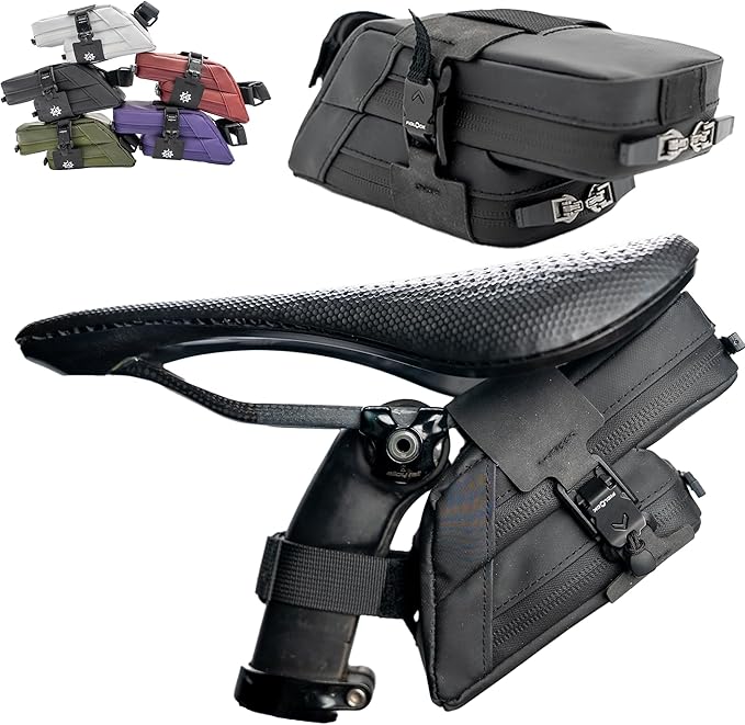 Lumiere & Co. Fidlock Magnetic Clip Attachment Bike Saddle Bag – 7″ × 3″ × 3″ | Double Compartment, Adjustable | Magnetic Black V Buckle Attachment System | Mach X (Black)