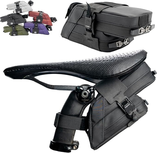 Lumiere & Co. Fidlock Magnetic Clip Attachment Bike Saddle Bag – 7″ × 3″ × 3″ | Double Compartment, Adjustable | Magnetic Black V Buckle Attachment System | Mach X (Black)
