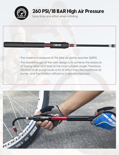 Tiakia Mini Bike Pump, Portable Bicycle Pump with Bracket, 260PSI High Pressure Frame Pump Air Hand Pump Fit Presta, Schrader & Woods Valves, Aluminum Alloy Tire Pump for Road/Mountain Bikes, Balls