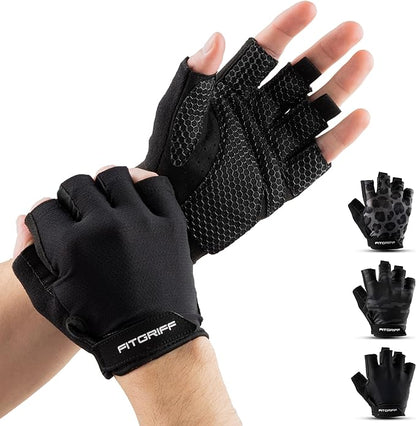 Fitgriff® Workout Gloves (Padded) for Men & Women - Fingerless Gym Gloves for Weight Lifting, Training - Full Palm Protection