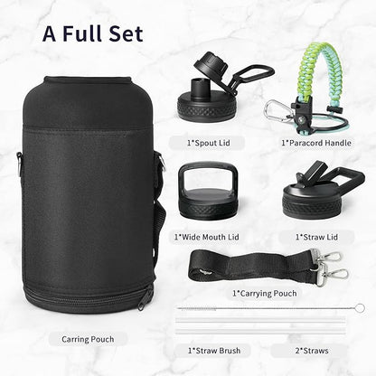 Trebo 64 oz Water Bottle Insulated with Paracord Handle and Straw, Half Gallon Vacuum Stainless Steel Large Water Jug Keep Cold 48 Hours, Reusable Water Flask with 3 Lids for Men Women Gym, Dark Green
