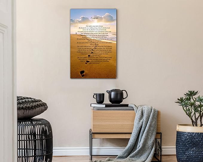 Footprints in the Sand Canvas Prints Wall Art, Footprints in the Sand Wall Art Decor, Inspirational Christian Poem Wall Poster Gift, Beach Picture Wall Art for Living Room Beach Office 28"Wx40"HInches