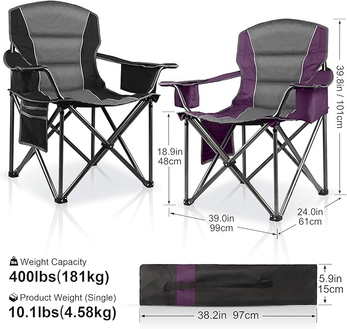 2 Pack Padded Oversized Camping Chairs for Adults,Heavy Duty Support 400 Lbs,Folding Portable Lawn Chair w/Cup Holder,Cooler Bag,Side Pocket,Perfect for Outdoor Picnic,Hiking(Purple&Black)