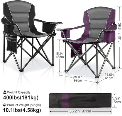 2 Pack Padded Oversized Camping Chairs for Adults,Heavy Duty Support 400 Lbs,Folding Portable Lawn Chair w/Cup Holder,Cooler Bag,Side Pocket,Perfect for Outdoor Picnic,Hiking(Purple&Black)