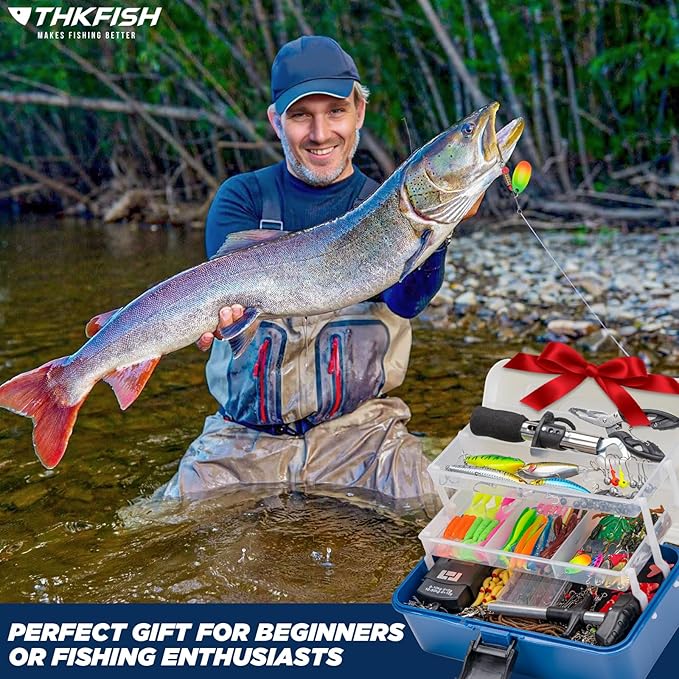 THKFISH 400PCS Fishing Lures Kit, Large 3-Layer Tackle Box with Tackle Included Bass Fishing Accessories Gear Tools Set with Pliers, Fish Scale, Crankbait, Hooks, Weights Sinkers, Gift for Men